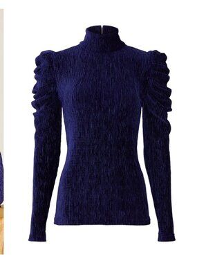 PatBO Blue Velvet Turtleneck Top Size L Long Sleeve Ruched Designer Party Blouse